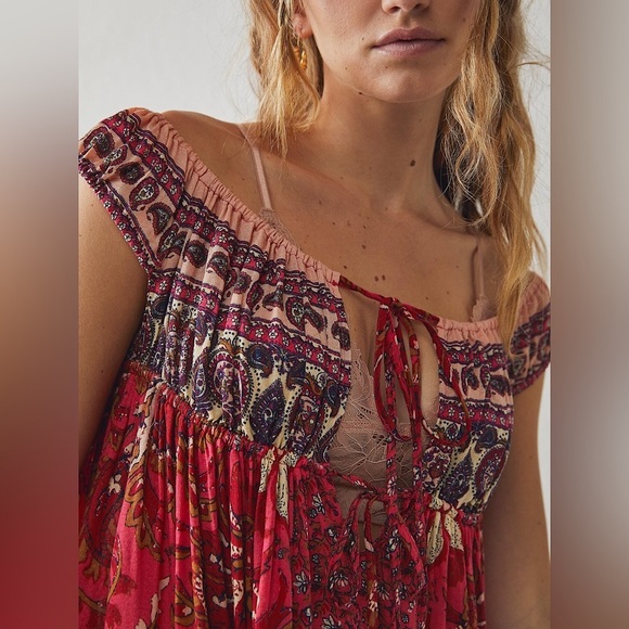 NEW Free People Bali Mariposa Slip Mini Dress In Strawberry Combo Red - Picture 3 of 13